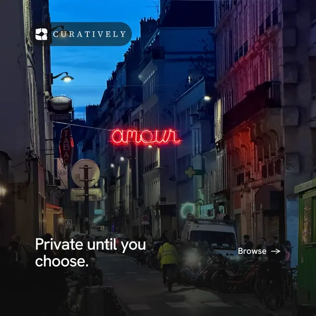 Instagram post for Curatively: "Private until you choose." Minimal luxury style, image led layout, dark palette in black, blue, pink.