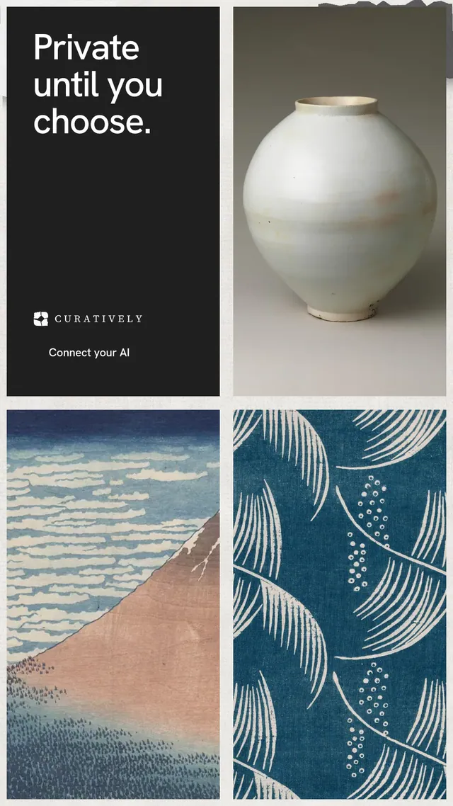 Instagram story for Curatively: "Private until you choose." Swiss style, collage layout, light palette in grey, black, blue.