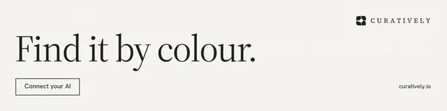 LinkedIn banner for Curatively: "Find it by colour." Editorial style, poster layout, light palette in white, grey.