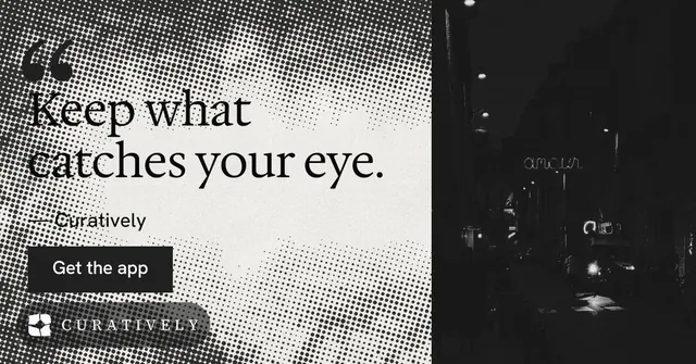 Social ad for Curatively: "Find it by colour." Retro print style, quote layout, dark palette in black, grey, white.