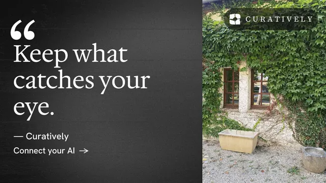 Landscape graphic for Curatively: "Point your AI at a vault." Minimal luxury style, quote layout, dark palette in black, grey.