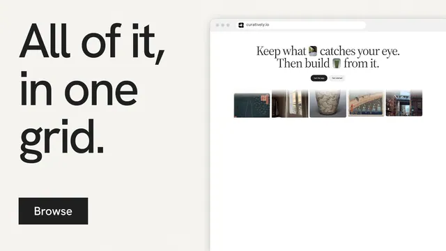 Landscape graphic for Curatively: "All of it, in one grid." Swiss style, browser layout, light palette in white, grey.