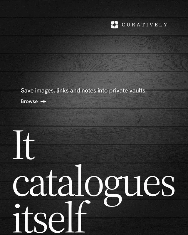 Instagram portrait post for Curatively: "Saved, sorted and yours." Minimal luxury style, oversized layout, dark palette in black, grey.