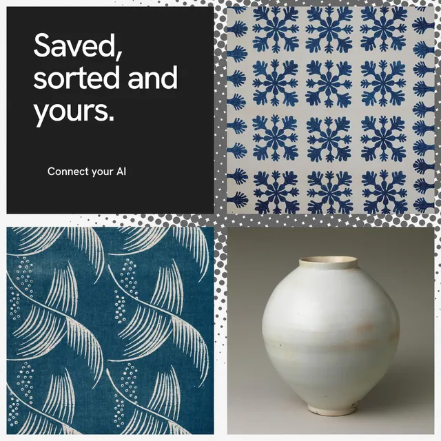 Instagram post for Curatively: "Saved, sorted and yours." Swiss style, collage layout, light palette in grey, blue, white.