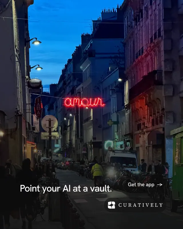 Instagram portrait post for Curatively: "Point your AI at a vault." Minimal luxury style, image led layout, dark palette in black, grey, blue.