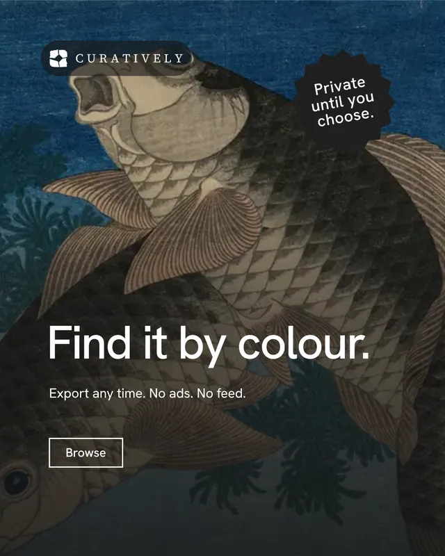 Instagram portrait post for Curatively: "Find it by colour." Editorial style, sticker layout, dark palette in black, grey, blue.