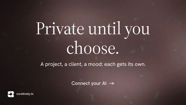 Landscape graphic for Curatively: "Private until you choose." Minimal luxury style, centred layout, dark palette in grey, black.