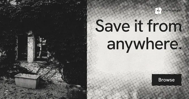 Social ad for Curatively: "Save it from anywhere." Retro print style, right layout, light palette in black, grey, white.