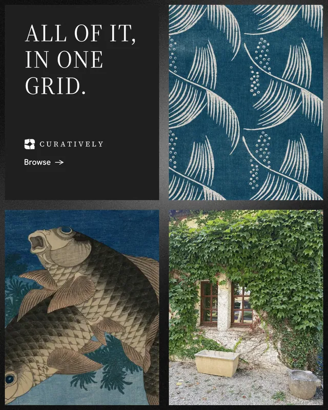 Instagram portrait post for Curatively: "All of it, in one grid." Minimal luxury style, collage layout, dark palette in black, blue, grey.