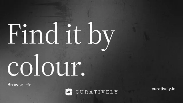 Landscape graphic for Curatively: "Find it by colour." Minimal luxury style, poster layout, dark palette in grey, black.