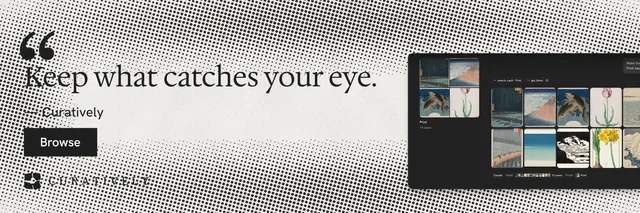 X header for Curatively: "All of it, in one grid." Retro print style, quote layout, light palette in grey, white.