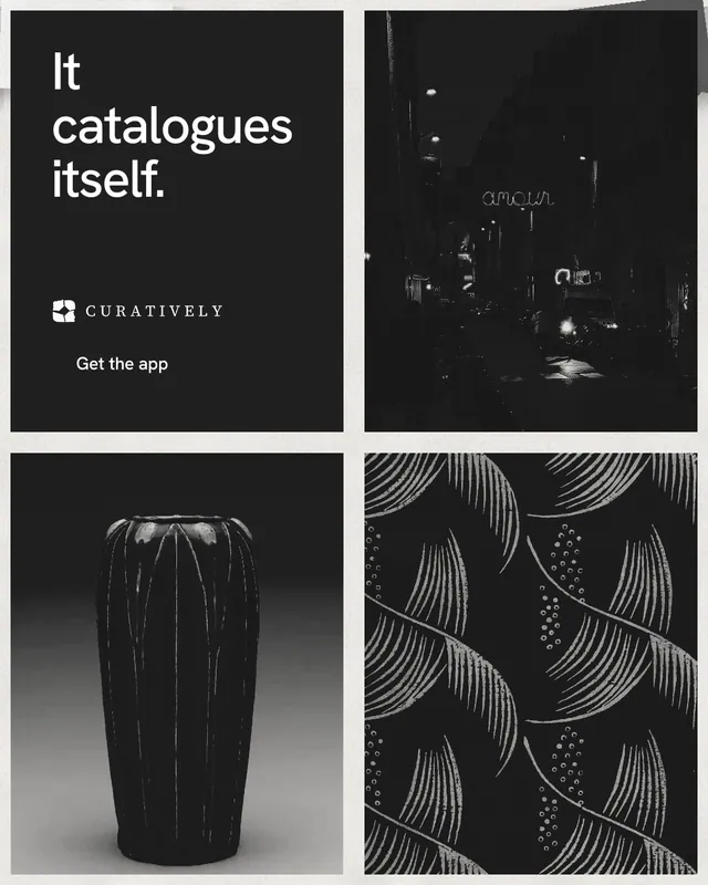 Instagram portrait post for Curatively: "It catalogues itself." Retro print style, collage layout, dark palette in black, grey.