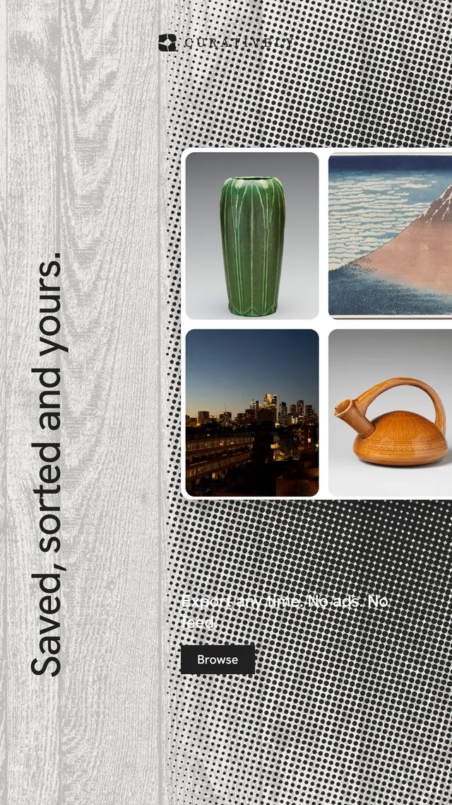 Instagram story for Curatively: "Saved, sorted and yours." Swiss style, vertical layout, light palette in grey, white.