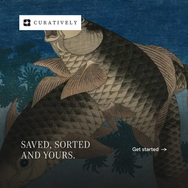 Instagram post for Curatively: "Saved, sorted and yours." Minimal luxury style, image led layout, dark palette in black, blue, grey.