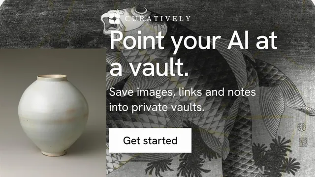 Landscape graphic for Curatively: "Point your AI at a vault." Swiss style, skeleton layout, dark palette in grey, black, white.