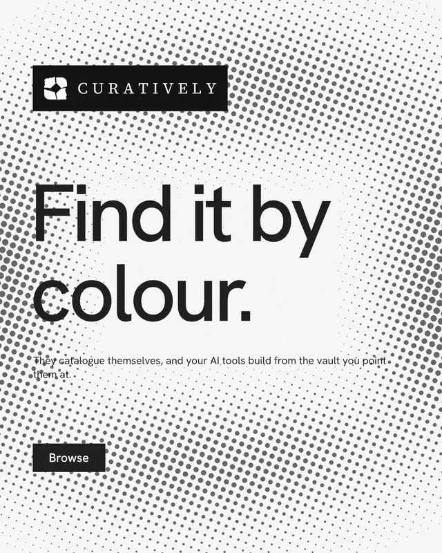 Instagram portrait post for Curatively: "Find it by colour." Swiss style, announce layout, light palette in white, grey.