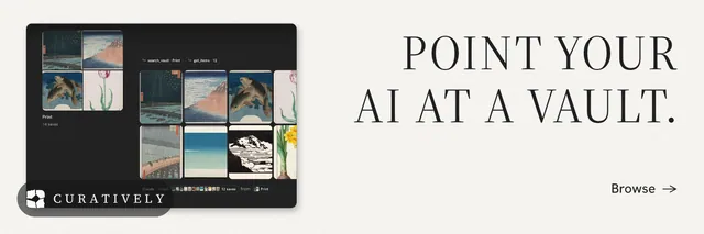 X header for Curatively: "Point your AI at a vault." Minimal luxury style, right layout, light palette in white, black, grey.