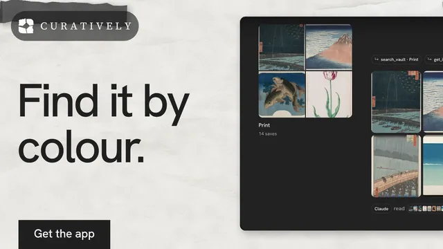 Landscape graphic for Curatively: "Find it by colour." Swiss style, bottom layout, light palette in white, black, grey.