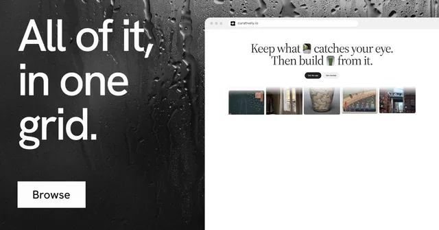 Social ad for Curatively: "All of it, in one grid." Swiss style, browser layout, light palette in white, black, grey.