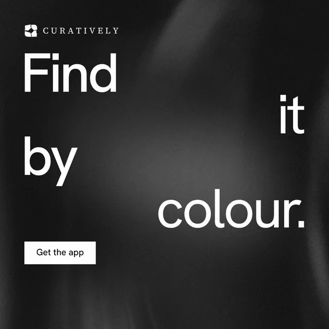 Instagram post for Curatively: "Find it by colour." Swiss style, stacked layout, dark palette in black, grey.