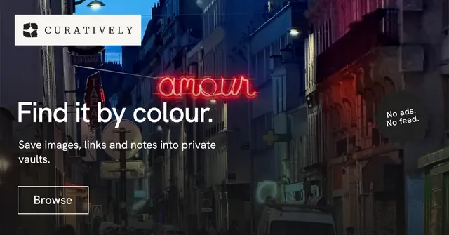 Social ad for Curatively: "Find it by colour." Editorial style, sticker layout, dark palette in black, red, grey.