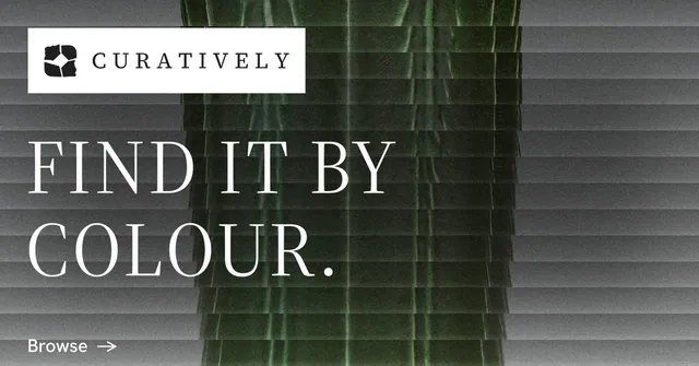 Social ad for Curatively: "Find it by colour." Minimal luxury style, announce layout, dark palette in black, grey.