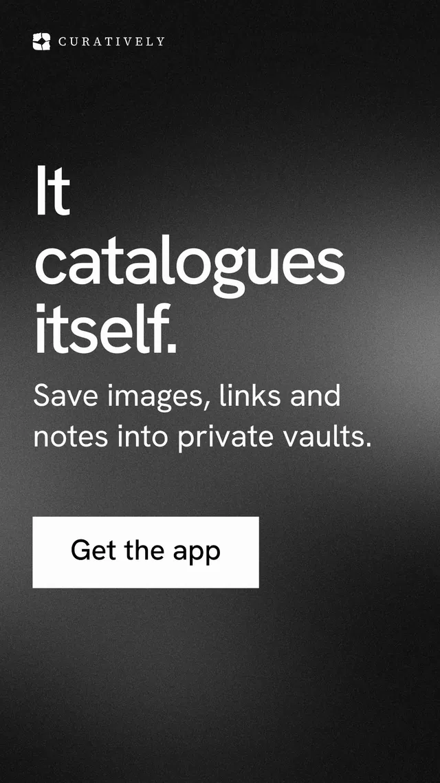 Instagram story for Curatively: "It catalogues itself." Swiss style, skeleton layout, dark palette in grey, black.
