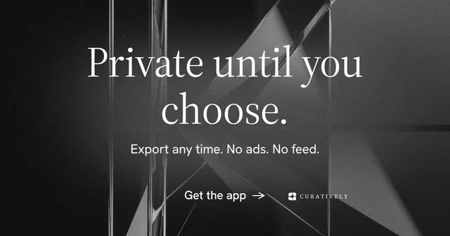 Social ad for Curatively: "Private until you choose." Minimal luxury style, centred layout, dark palette in black, grey.