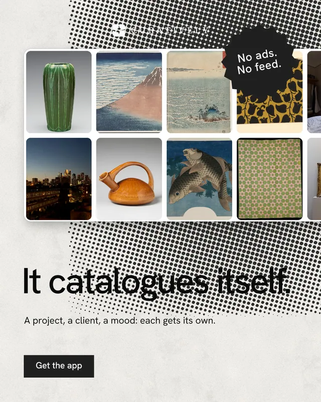 Instagram portrait post for Curatively: "It catalogues itself." Swiss style, sticker layout, light palette in grey, white.