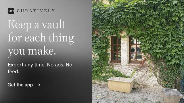 Landscape graphic for Curatively: "Keep a vault for each thing you make." Minimal luxury style, bottom layout, light palette in grey, black.