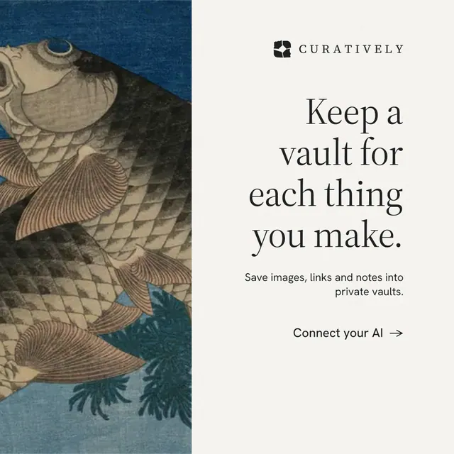 Instagram post for Curatively: "Keep a vault for each thing you make." Minimal luxury style, right layout, light palette in white, grey.
