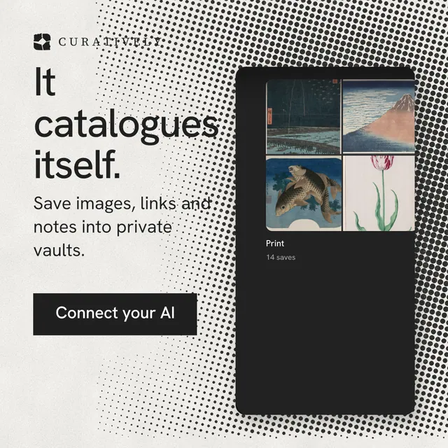 Instagram post for Curatively: "It catalogues itself." Swiss style, skeleton layout, light palette in black, grey, white.