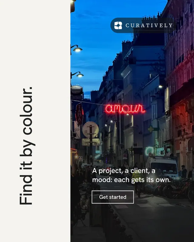 Instagram portrait post for Curatively: "Find it by colour." Editorial style, vertical layout, light palette in white, black, blue.