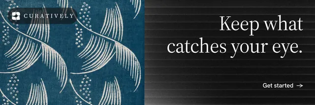 X header for Curatively: "Keep what catches your eye." Minimal luxury style, right layout, dark palette in black, blue, grey.