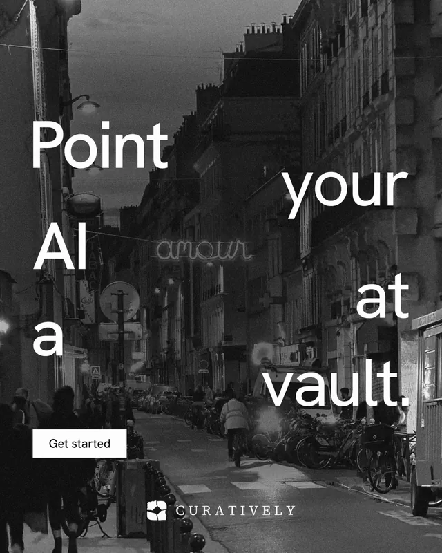 Instagram portrait post for Curatively: "Point your AI at a vault." Swiss style, stacked layout, dark palette in black, grey.