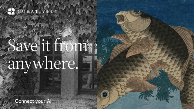 Landscape graphic for Curatively: "Save it from anywhere." Editorial style, bottom layout, dark palette in grey, black, blue.