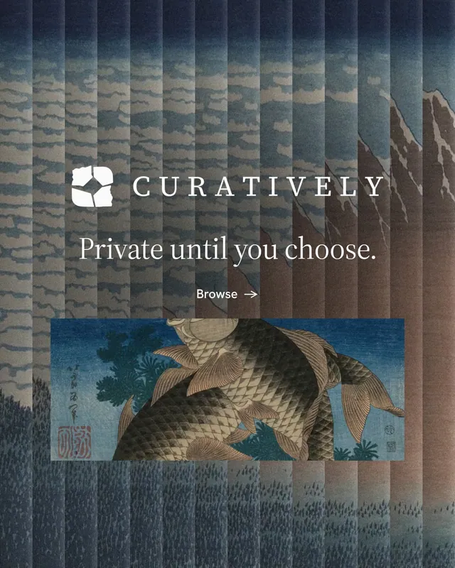 Instagram portrait post for Curatively: "Private until you choose." Minimal luxury style, logo hero layout, dark palette in grey, black.