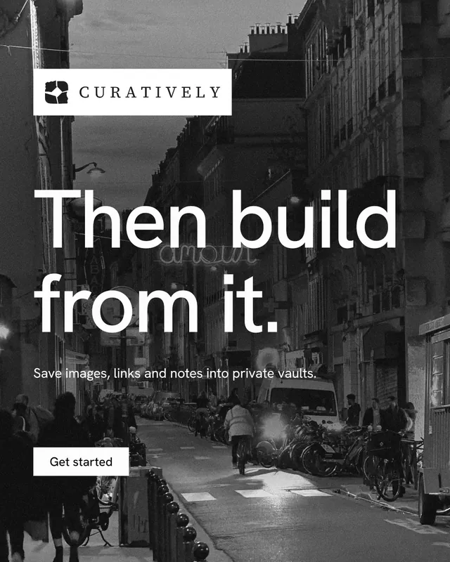 Instagram portrait post for Curatively: "Then build from it." Swiss style, announce layout, dark palette in grey, black.