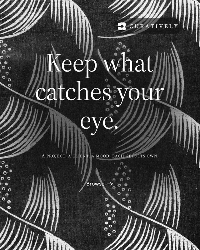 Instagram portrait post for Curatively: "Keep what catches your eye." Minimal luxury style, smallcaps layout, dark palette in black, grey.