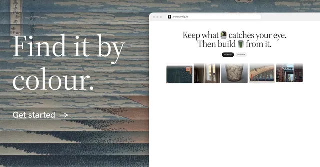 Social ad for Curatively: "Find it by colour." Minimal luxury style, browser layout, light palette in white, grey.