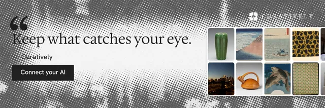 X header for Curatively: "Save it from anywhere." Split block style, quote layout, light palette in grey, white.
