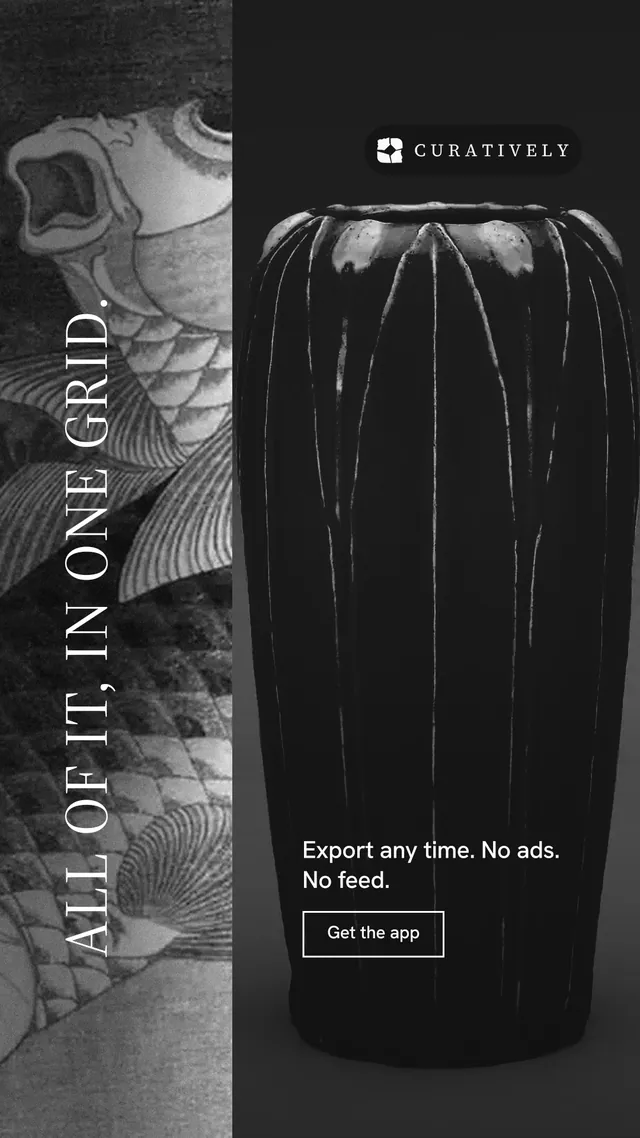 Instagram story for Curatively: "All of it, in one grid." Editorial style, vertical layout, dark palette in black, grey.
