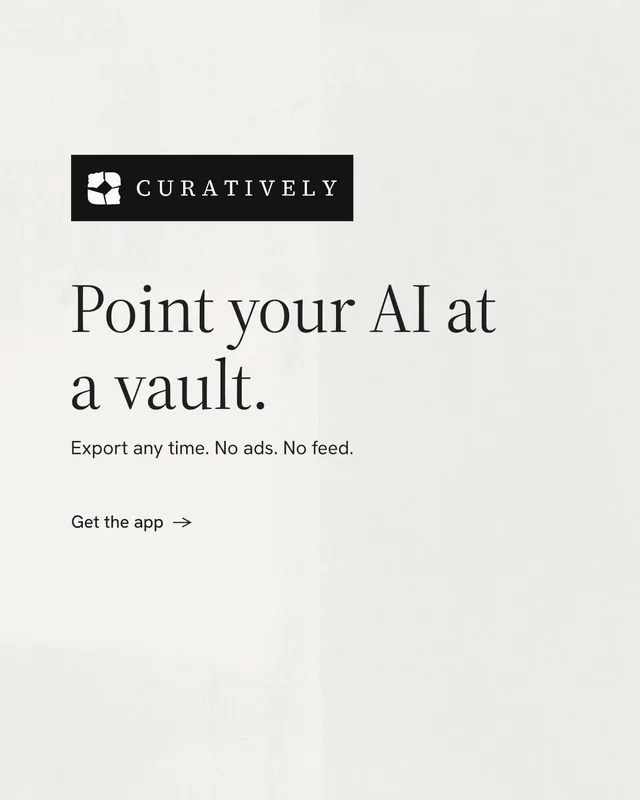 Instagram portrait post for Curatively: "Point your AI at a vault." Minimal luxury style, announce layout, light palette in white, grey.