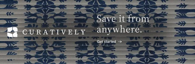 X header for Curatively: "Save it from anywhere." Minimal luxury style, logo hero layout, dark palette in grey, blue.