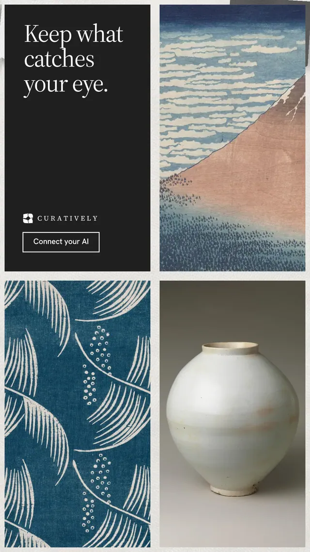 Instagram story for Curatively: "Keep what catches your eye." Editorial style, collage layout, light palette in grey, black, blue.