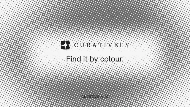 Landscape graphic for Curatively: "Find it by colour." Split block style, end card layout, light palette in grey, white.
