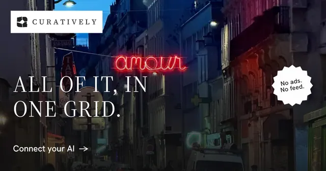 Social ad for Curatively: "All of it, in one grid." Minimal luxury style, sticker layout, dark palette in black, red, grey.