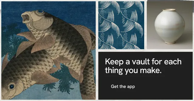 Social ad for Curatively: "Keep a vault for each thing you make." Swiss style, collage layout, dark palette in black, blue, grey.