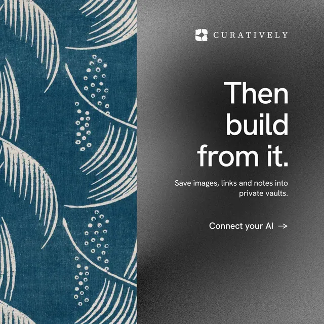 Instagram post for Curatively: "Then build from it." Minimal luxury style, right layout, dark palette in grey, black, blue.