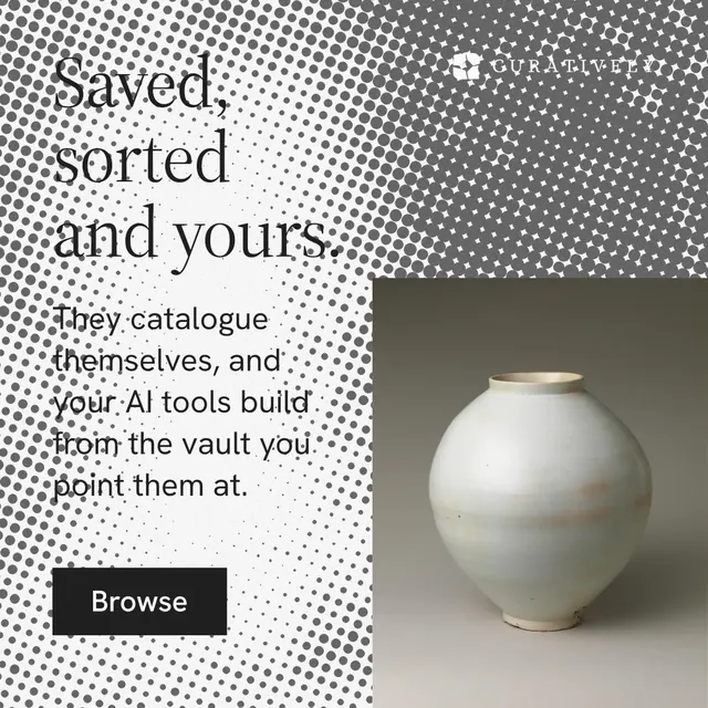 Instagram post for Curatively: "Saved, sorted and yours." Split block style, skeleton layout, light palette in grey, white.